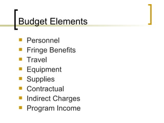 Budget Elements
   Personnel
   Fringe Benefits
   Travel
   Equipment
   Supplies
   Contractual
   Indirect Charges
   Program Income
 