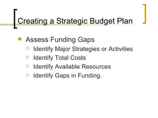 Creating a Strategic Budget Plan

   Assess Funding Gaps
       Identify Major Strategies or Activities
       Identify Total Costs
       Identify Available Resources
       Identify Gaps in Funding.
 