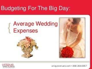 {
uniquevenues.com • 866.266.6857
Average Wedding
Expenses
Budgeting For The Big Day:
 