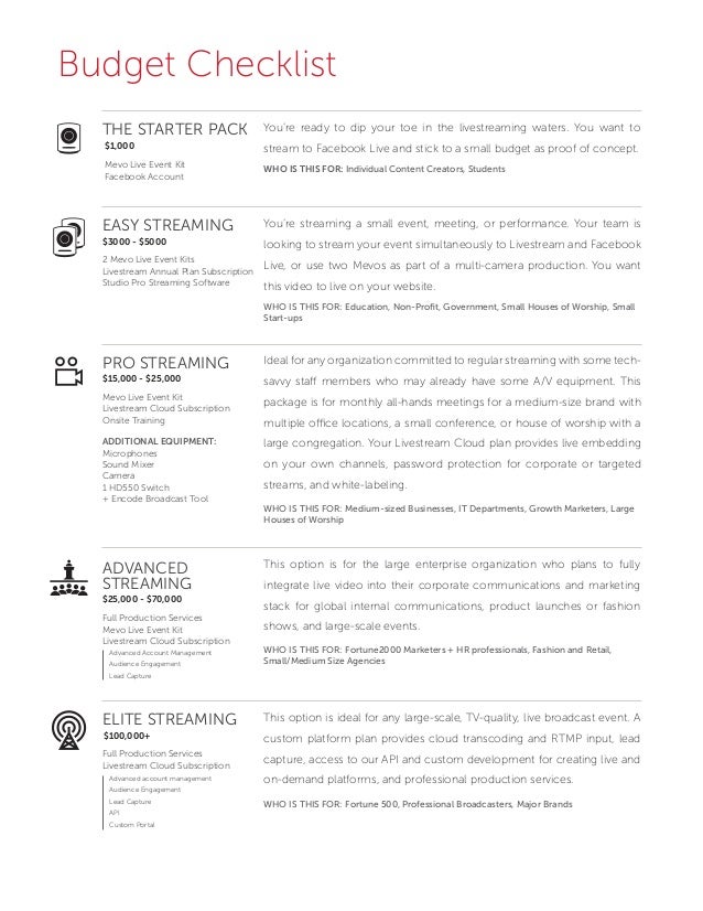 livestreaming budget checklist budget check list