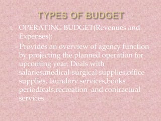 1. OPERATING BUDGET(Revenues and 
Expenses): 
- Provides an overview of agency function 
by projecting the planned operati...