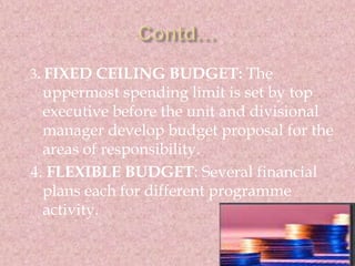 3. FIXED CEILING BUDGET: The 
uppermost spending limit is set by top 
executive before the unit and divisional 
manager de...