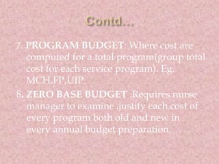 7. PROGRAM BUDGET: Where cost are 
computed for a total program(group total 
cost for each service program). Eg. 
MCH,FP,U...