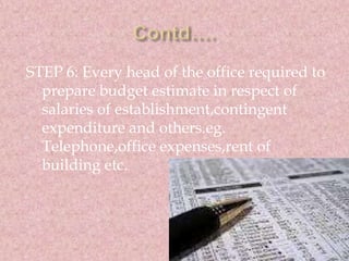 STEP 6: Every head of the office required to 
prepare budget estimate in respect of 
salaries of establishment,contingent ...