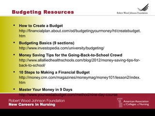 Budgeting Resources
 How to Create a Budget
http://financialplan.about.com/od/budgetingyourmoney/ht/createbudget.
htm
 Budgeting Basics (9 sections)
http://www.investopedia.com/university/budgeting/
 Money Saving Tips for the Going-Back-to-School Crowd
http://www.allalliedhealthschools.com/blog/2012/money-saving-tips-for-
back-to-school/
 10 Steps to Making a Financial Budget
http://money.cnn.com/magazines/moneymag/money101/lesson2/index.
htm
 Master Your Money in 9 Days
http://www.youneedabudget.com/method/nine-day-course
 