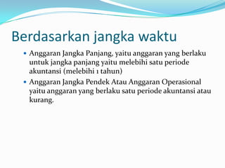 Berdasarkan jangka waktu
 Anggaran Jangka Panjang, yaitu anggaran yang berlaku

untuk jangka panjang yaitu melebihi satu periode
akuntansi (melebihi 1 tahun)
 Anggaran Jangka Pendek Atau Anggaran Operasional
yaitu anggaran yang berlaku satu periode akuntansi atau
kurang.

 