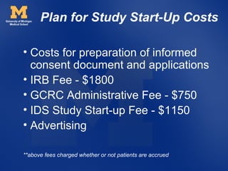 Plan for Study Start-Up Costs

• Costs for preparation of informed
  consent document and applications
• IRB Fee - $1800
• GCRC Administrative Fee - $750
• IDS Study Start-up Fee - $1150
• Advertising

**above fees charged whether or not patients are accrued
 