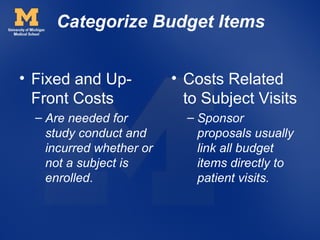 Categorize Budget Items


• Fixed and Up-           • Costs Related
  Front Costs               to Subject Visits
  – Are needed for          – Sponsor
    study conduct and         proposals usually
    incurred whether or       link all budget
    not a subject is          items directly to
    enrolled.                 patient visits.
 