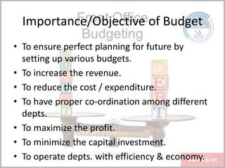 Importance/Objective of Budget
• To ensure perfect planning for future by
setting up various budgets.
• To increase the revenue.
• To reduce the cost / expenditure.
• To have proper co-ordination among different
depts.
• To maximize the profit.
• To minimize the capital investment.
• To operate depts. with efficiency & economy.
 
