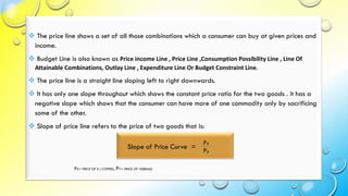 ❖ The price line shows a set of all those combinations which a consumer can buy at given prices and
income.
❖ Budget Line is also known as Price income Line , Price Line ,Consumption Possibility Line , Line Of
Attainable Combinations, Outlay Line , Expenditure Line Or Budget Constraint Line.
❖ The price line is a straight line sloping left to right downwards.
❖ It has only one slope throughout which shows the constant price ratio for the two goods . it has a
negative slope which shows that the consumer can have more of one commodity only by sacrificing
some of the other.
❖ Slope of price line refers to the price of two goods that is:
PX= PRICE OF X ( COFFEE), PY= PRICE OF Y(BREAD)
Slope of Price Curve =
Px
Py
 