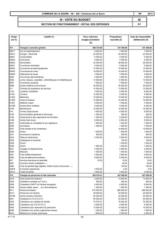 A1
IIIIII - VOTE DU BUDGET
SECTION DE FONCTIONNEMENT - DETAIL DES DEPENSES
2013BPCOMMUNE DE LE SOURN - 56 - 225 - Commune de Le Sourn
Chap/
art (1)
Libellé (1) Pour mémoire
budget précédent
(2)
Proposition
nouvelle (3)
Vote de l'assemblée
délibérante (4)
Charges à caractère général 331 385,00331 385,00308 215,00011
7 000,007 000,006 000,00Eau et assainissement60611
45 000,0045 000,0040 000,00Énergie - Électricité60612
5 000,005 000,005 000,00Combustibles60621
5 500,005 500,005 000,00Carburants60622
38 000,0038 000,0032 000,00Alimentation60623
5 000,005 000,005 000,00Fournitures d'entretien60631
15 000,0015 000,0015 500,00Fournitures de petit équipement60632
15 000,0015 000,0019 000,00Fournitures de voirie60633
3 500,003 500,003 500,00Vêtements de travail60636
3 500,003 500,003 500,00Fournitures administratives6064
12 000,0012 000,0012 000,00Livres, disques, cassettes...(bibliothèques et médiathèques)6065
7 500,007 500,007 500,00Fournitures scolaires6067
35 000,0035 000,0030 000,00Autres matières et fournitures6068
13 000,0013 000,0012 000,00Contrats de prestations de services611
6 000,006 000,004 000,00Locations mobilières6135
5 000,005 000,0010 000,00Terrains61521
15 000,0015 000,0015 000,00Bâtiments61522
10 000,0010 000,0014 000,00Voies et réseaux61523
7 000,007 000,005 000,00Matériel roulant61551
5 000,005 000,006 000,00Autres biens mobiliers61558
15 000,0015 000,0012 000,00Maintenance6156
8 000,008 000,007 500,00Primes d'assurances616
500,00500,001 000,00Documentation générale et technique6182
5 000,005 000,001 000,00Versements à des organismes de formation6184
8 000,008 000,008 000,00Autres frais divers6188
1 000,001 000,001 000,00Indemnités au comptable et aux régisseurs6225
1 000,001 000,001 500,00Honoraires6226
10 000,0010 000,00Frais d'actes et de contentieux6227
1 000,001 000,001 000,00Divers6228
500,00500,00500,00Annonces et insertions6231
5 000,005 000,004 000,00Fêtes et cérémonies6232
100,00100,00Catalogues et imprimés6236
1 000,001 000,00Divers6238
1 000,001 000,001 500,00Divers6248
2 000,002 000,002 000,00Voyages et déplacements6251
1 500,001 500,001 000,00Missions6256
2 600,002 600,002 500,00Frais d'affranchissement6261
6 500,006 500,006 600,00Frais de télécommunications6262
15,0015,0015,00Services bancaires et assimilés627
50,0050,00Concours divers (cotisations...)6281
120,00120,00Frais de gardiennage (églises, forêts et bois communaux ...)6282
0,000,003 500,00A d'autres organismes62878
3 500,003 500,003 600,00Taxes foncières63512
Charges de personnel et frais assimilés 547 500,00547 500,00524 019,41012
13 000,0013 000,002 000,00Autre personnel extérieur6218
500,00500,00500,00Cotisations versées au F.N.A.L.6332
6 500,006 500,006 500,00Cotisations CNFPT et Centres de gestion6336
1 000,001 000,001 000,00Autres impôts, taxes , ...sur rémunérations6338
288 000,00288 000,00275 000,00Personnel titulaire6411
45 000,0045 000,0036 000,00Personnel non titulaire6413
40 000,0040 000,0045 000,00Autres emplois d'insertion64168
55 000,0055 000,0060 000,00Cotisations à l'U.R.S.S.A.F.6451
70 000,0070 000,0073 019,41Cotisations aux caisses de retraite6453
6 000,006 000,006 000,00Cotisations aux A.S.S.E.D.I.C6454
15 000,0015 000,0012 500,00Cotisations pour assurance du personnel6455
1 500,001 500,001 200,00Cotisations aux autres organismes sociaux6458
2 000,002 000,001 800,00Médecine du travail, pharmacie6475
B-1-1-B 10
 