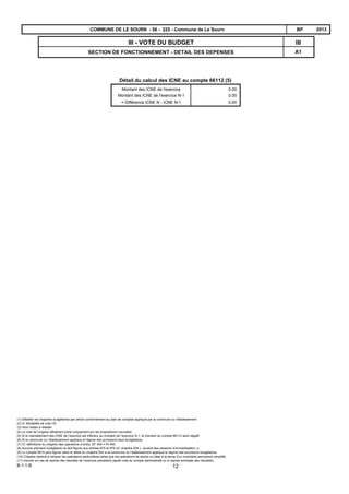 A1
IIIIII - VOTE DU BUDGET
SECTION DE FONCTIONNEMENT - DETAIL DES DEPENSES
2013BPCOMMUNE DE LE SOURN - 56 - 225 - Commune de Le Sourn
0,00
0.00
Détail du calcul des ICNE au compte 66112 (5)
Montant des ICNE de l'exercice
Montant des ICNE de l'exercice N-1
= Différence ICNE N - ICNE N-1 0.00
(1) Détailler les chapitres budgétaires par article conformément au plan de comptes appliqué par la commune ou l’établissement.
(2) cf. Modalités de vote I-B.
(3) Hors restes à réaliser.
(4) Le vote de l’organe délibérant porte uniquement sur les propositions nouvelles.
(5) Si le mandatement des ICNE de l’exercice est inférieur au montant de l’exercice N-1, le montant du compte 66112 sera négatif.
(6) Si la commune ou l’établissement applique le régime des provisions semi-budgétaires.
(7) Cf. définitions du chapitre des opérations d’ordre, DF 042 = RI 040.
(8) Aucune prévision budgétaire ne doit figurer aux articles 675 et 676 (cf. chapitre 024 « produit des cessions d’immobilisation »).
(9) Le compte 6815 peut figurer dans le détail du chapitre 042 si la commune ou l’établissement applique le régime des provisions budgétaires.
(10) Chapitre destiné à retracer les opérations particulières telles que les opérations de stocks ou liées à la tenue d’un inventaire permanent simplifié.
(11) Inscrire en cas de reprise des résultats de l’exercice précédent (après vote du compte administratif ou si reprise anticipée des résultats).
B-1-1-B 12
 