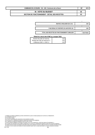 A2
IIIIII - VOTE DU BUDGET
SECTION DE FONCTIONNEMENT - DETAIL DES RECETTES
2013BPCOMMUNE DE LE SOURN - 56 - 225 - Commune de Le Sourn
RESTES A REALISER 2012 (10) 0,00
R 002 RESULTAT REPORTE OU ANTICIPE (10) 0,00
+
TOTAL DES RECETTES DE FONCTIONNEMENT CUMULEES 1 328 700,00
=
+
Détail du calcul des ICNE au compte 7622
0,00
0.00
Montant des ICNE de l'exercice
Montant des ICNE de l'exercice N-1
= Différence ICNE N - ICNE N-1 0.00
(1) Détailler les chapitres budgétaires par article conformément au plan de comptes appliqué par la commune ou l’établissement.
(2) cf. Modalités de vote I-B.
(3) Hors restes à réaliser.
(4) Le vote de l’assemblée porte uniquement sur les propositions nouvelles.
(5) Si la commune ou l’établissement applique le régime des provisions semi-budgétaires.
(6) Cf. définitions du chapitre des opérations d’ordre, RF 042 = DI 040).
(7) Aucune prévision budgétaire ne doit figurer aux articles 775 et 776 (cf chapitre 024 « produit des cessions d‘immobilisation »).
(8) Le compte 7815 peut figurer dans le détail du chapitre 042 si la commune ou l’établissement applique le régime des provisions budgétaires.
(9) Chapitre destiné à retracer les opérations particulières telles que les opérations de stocks ou liées à la tenue d’un inventaire permanent simplifié.
(10) Inscrire en cas de reprise des résultats de l’exercice précédent (après vote du compte administratif ou si reprise anticipée des résultats).
B-1-1-B 14
 