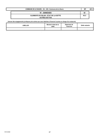 A2.2
IVIV - ANNEXES
ELEMENTS DU BILAN - ETAT DE LA DETTE
AUTRES DETTES
2013BPCOMMUNE DE LE SOURN - 56 - 225 - Commune de Le Sourn
(issues des engagements juridiques pris autres que ceux destinés à financer la prise en charge d'un emprunt)
LIBELLES
Montant initial de la
dette
Dépenses de
l'exercice
Dette restante
B-3-4-A22 37
 