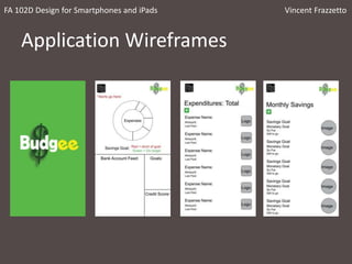 Application Wireframes
FA 102D Design for Smartphones and iPads Vincent Frazzetto
 
