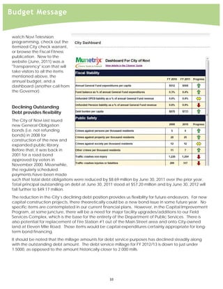  
Budget Message


 watch Novi Television
 programming, check out the
 itemized City check warrant,
 or browse the Fiscal Fitness
 publication. New to the
 website (June, 2011) was a
 "Transparency" icon that will
 take visitors to all the items
 mentioned above, the
 annual budget, and a
 dashboard (another call from
 the Governor).


 Declining Outstanding
 Debt provides flexibility
 The City of Novi last issued
 new General Obligation
 bonds (i.e. not refunding
 bonds) in 2008 for
 construction of the new and
 expanded public library.
 Before that, it was back in
 2001 for a road bond
 approved by voters in
 November 2000. Meanwhile,
 the regularly scheduled
 payments have been made
 such that total debt obligations were reduced by $8.69 million by June 30, 2011 over the prior year.
 Total principal outstanding on debt at June 30, 2011 stood at $57.20 million and by June 30, 2012 will
 fall further to $49.17 million.
 The reduction in the City’s declining debt position provides us flexibility for future endeavors. For new
 capital construction projects, there theoretically could be a new bond issue in some future year. No
 specific items are contemplated in our current financial plans. However, in the Capital Improvement
 Program, at some juncture, there will be a need for major facility upgrades/additions to our Field
 Services Complex, which is the base for the entirety of the Department of Public Services. There is
 also potential for replacement of Fire Station #1 out of the Main Street area and onto City-owned
 land at Eleven Mile Road. Those items would be capital expenditures certainly appropriate for long-
 term bond financing.
 It should be noted that the millage amounts for debt service purposes has declined steadily along
 with the outstanding debt amount. The debt service millage for FY 2012/13 is down to just under
 1.5000, as opposed to the amount historically closer to 2.000 mills.




                                                     10 
 