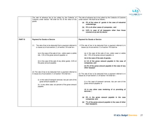 KF &Co. Budget Overview 27
The rate of advance tax to be collect by the Collector of
Customs under section 148 shall be 5% of the value of the
goods
The rate of advance tax to be collect by the Collector of Customs
under section 148 shall be as follows;-
(a) 5% of the value of goods in the case of industrial
undertakings;
(b) 5% in all other cases of companies ; and
(c) 5.5% in case of all taxpayers other than those
covered at (a) and (b) above;
PART III Payment for Goods or Service
(1) The rate of tax to be deducted from a payment referred to
in clause (a) of sub-section (1) of section 153 shall be –
(a) in the case of the sale of rice, cotton seed or edible
oils, 1.5% of the gross amount payable; or
(b) in the case of the sale of any other goods, 3.5% of
the gross amount payable.
(2) The rate of tax to be deducted from a payment referred to
in clause (b) of sub-section (1) of section 153 shall be—
(i) in the case of transport services, two per cent of the
gross amount payable; or
(ii) in any other case, six percent of the gross amount
payable.
Payment for Goods or Service
(1)The rate of tax to be deducted from a payment referred to in
clause (a) of sub-section (1) of section 153 shall be
(a) in the case of the sale of rice, cotton seed or edible
oils, 1.5% of the gross amount payable; or
(b) in the case of the sale of goods;-
(i) 3.5 of the gross amount payable in the case of
companies; and
(ii) 4% of the gross amount payable in the case of any
other taxpayer
(2) The rate of tax to be deducted from a payment referred to in
clause (b) of sub-section (1) of section 153 shall be—
(i) in the case of transport services, two per cent of the
gross amount payable; or
(ii) in any other case rendering of or providing of
services ;-
(a) 6% in the gross amount payable in the case
companies; and
(b) 7% of the gross amount payable in the case of other
than taxpayers.
 