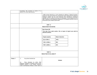 KF &Co. Budget Overview 36
accordance with provisions of section 37 or
section 37A, as the case may be.]
(126E) income derived by a zone enterprise as defined in Special Economic
Zones Act ,2012 (XX of 2012) for a period of ten years starting from the date the
developer certifies that the zone enterprise has commenced commercial
operation and for a period of ten years to a developer of zone starting from the
date of signing of the development agreement in the special economic zone as
announced by the Federal Government.
PART –II
REDUCTION IN TAX RATES
New Clause (28)
“The rate of tax under section 148 on import of hybrid cars shall be
reduced as below;-
Engine capacity Rate of reduction
Up to 1200 cc 100%
1201 to 1800 cc 50%
1801 to 2500 cc 25%
PART III
REDUCTION IN TAX LIABILITY
Clause -1 1) Any amount received as-
(a) flying allowance by pilots, flight
engineers, navigators of Pakistan Armed Forces,
Pakistani Airlines or Civil Aviation Authority,
Junior Commissioned Officers or other ranks of
Omitted
 