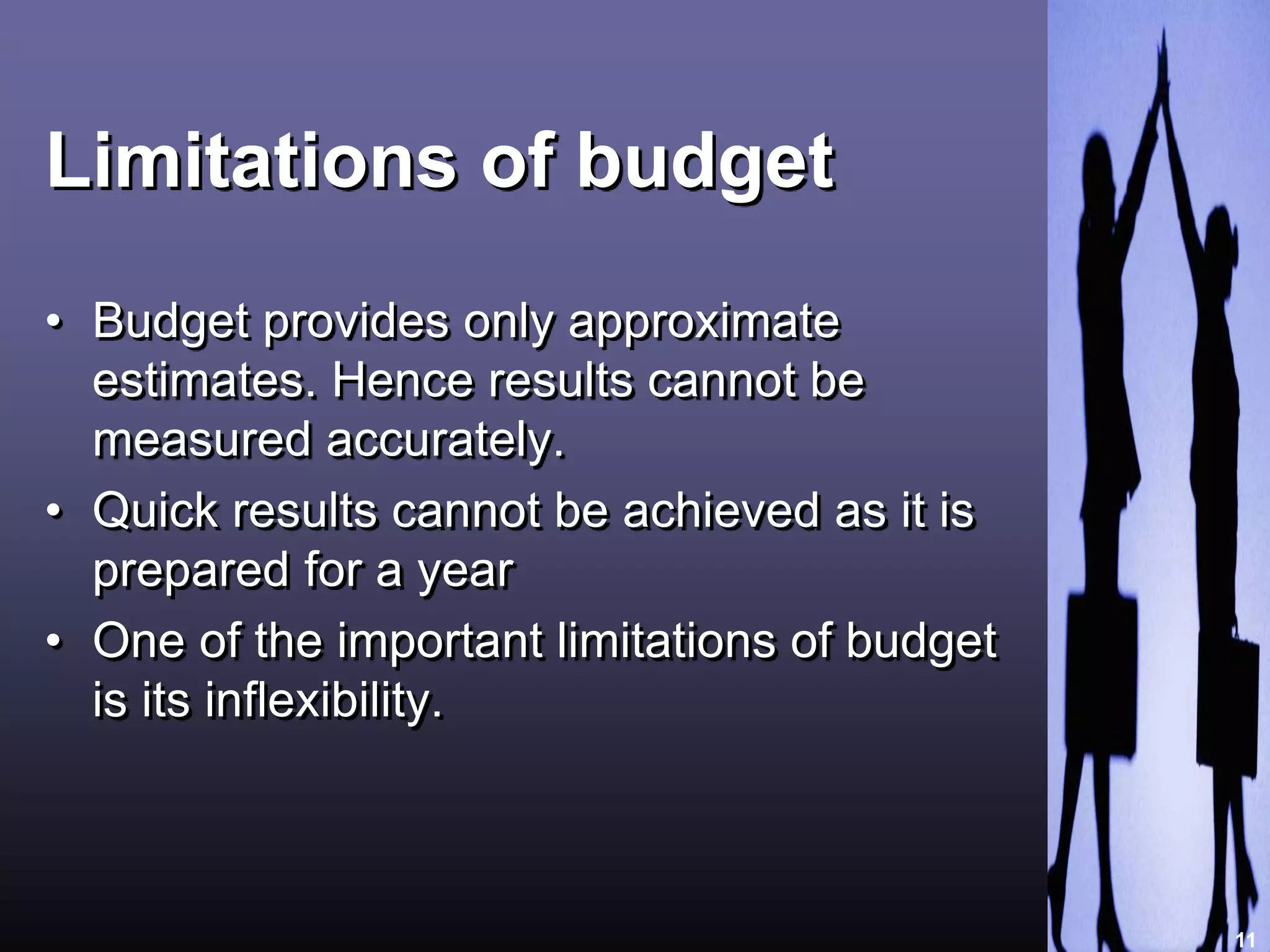 Limitations of budget 
• Budget provides only approximate 
estimates. Hence results cannot be 
measured accurately. 
• Quick results cannot be achieved as it is 
prepared for a year 
• One of the important limitations of budget 
is its inflexibility. 
11 
 