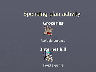 Spending plan activity
       Groceries


      Variable expense

      Internet bill


       Fixed expense
 