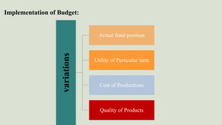 Implementation of Budget:
variations
Actual fund position
Utility of Particular item
Cost of Productions
Quality of Products
 