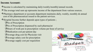 Income Account:
Income is calculated by maintaining daily/weekly/monthly/annual records.
The average total sum up represents income of the department from various sources.
Pharmacy department or accounts department maintains daily, weekly, monthly & annual
cost of the pharmaceutical issued to the patient services.
Hospital Income further depends upon types of patients ;
No of Prescription
No of Prescription dispensed by each pharmacist
Hours of work put in prescription volume per hour of service
Medication cost per patient day
Average drug cost for Physician visit
Average salary cost for prescription
Average supply cost per requisition
 