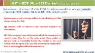 GSTIND GLOBAL SOLUTIONS LLP , RAIPUR
GST – SECTION. – 132 Decriminalize offences
Union Budget Indirect Tax Proposal 2023
S...