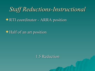 Staff Reductions-Instructional RTI coordinator - ARRA position Half of an art position 1.5 Reduction 