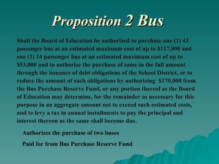 Proposition   2 Bus Shall the Board of Education be authorized to purchase one (1) 43 passenger bus at an estimated maximum cost of up to $117,000 and one (1) 14 passenger bus at an estimated maximum cost of up to $53,000 and to authorize the purchase of same in the full amount through the issuance of debt obligations of the School District, or to reduce the amount of such obligations by authorizing  $170,000 from the Bus Purchase Reserve Fund, or any portion thereof as the Board of Education may determine, for the remainder as necessary for this purpose in an aggregate amount not to exceed such estimated costs, and to levy a tax in annual installments to pay the principal and interest thereon as the same shall become due. Authorizes the purchase of two buses Paid for from Bus Purchase Reserve Fund 