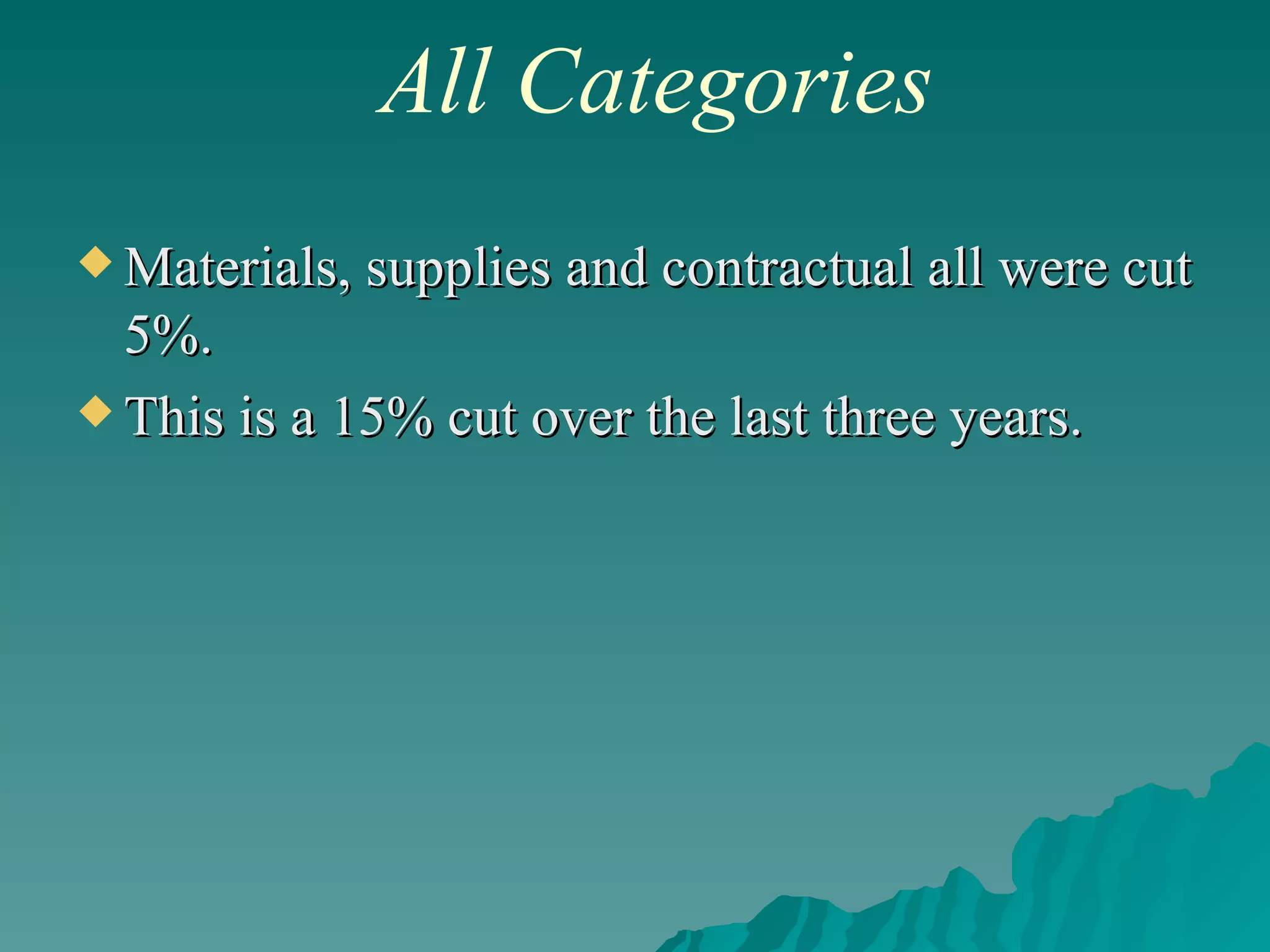 Materials, supplies and contractual all were cut 5%. This is a 15% cut over the last three years. All Categories 