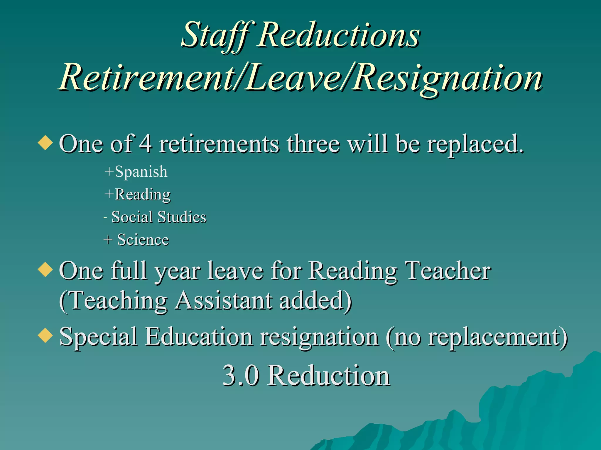 Staff Reductions  Retirement/Leave/Resignation One of 4 retirements three will be replaced. + Spanish  + Reading  Social Studies + Science One full year leave for Reading Teacher (Teaching Assistant added) Special Education resignation (no replacement) 3.0 Reduction 