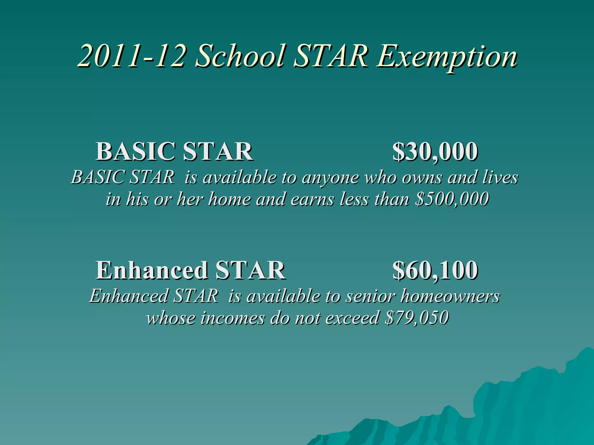 2011-12 School STAR Exemption BASIC STAR $30,000   BASIC STAR  is available to anyone who owns and lives  in his or her home and earns less than $500,000 Enhanced STAR  $60,100   Enhanced STAR  is available to senior homeowners  whose incomes do not exceed $79,050 