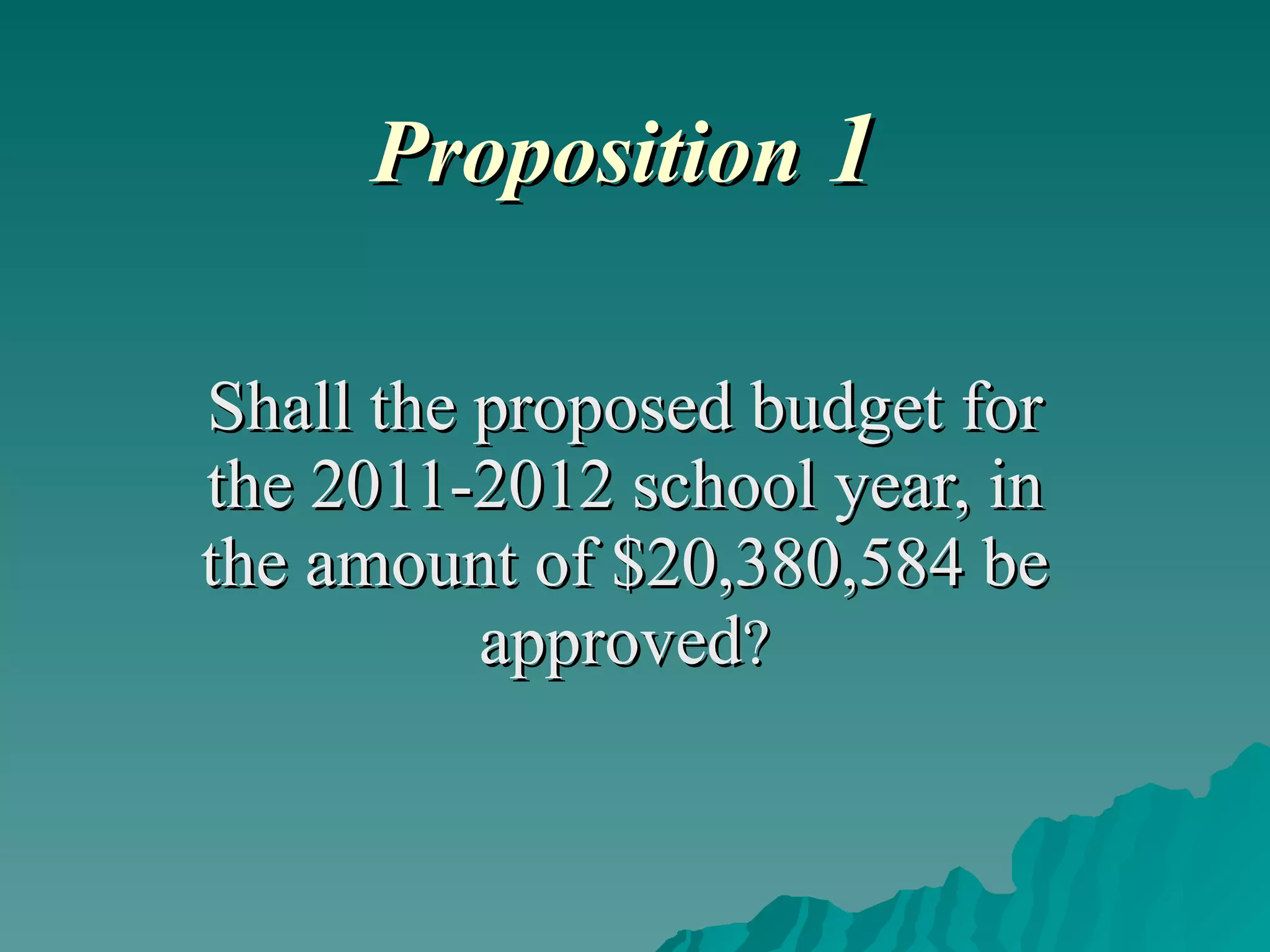 Proposition   1 Shall the proposed budget for the 2011-2012 school year, in the amount of $20,380,584 be approved ? 