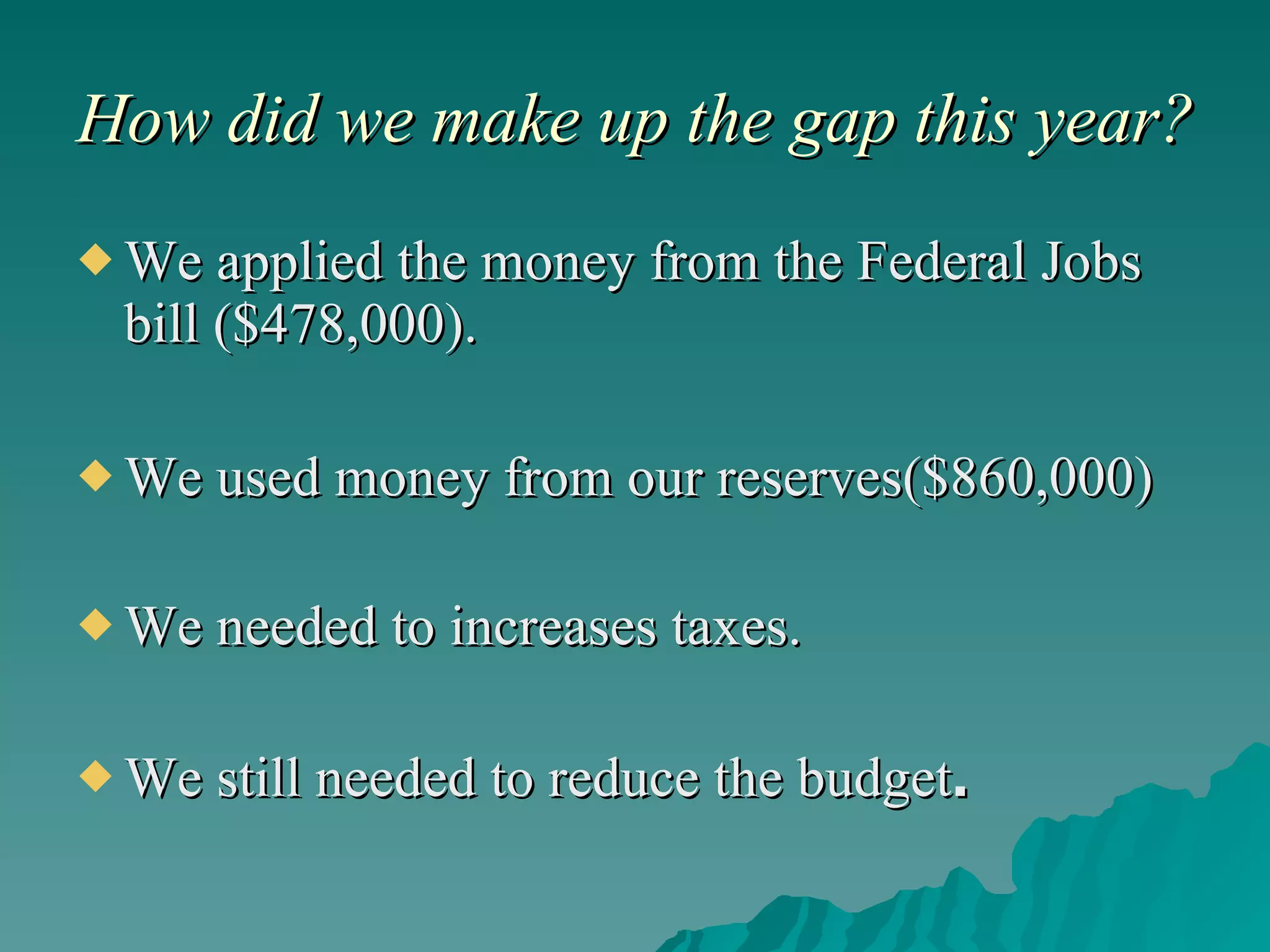 How did we make up the gap this year? We applied the money from the Federal Jobs bill ($478,000). We used money from our reserves($860,000) We needed to increases taxes. We still needed to reduce the budget . 