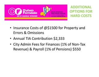 ADDITIONAL 
                                    OPTIONS FOR 
                                    HARD COSTS


• Insurance Costs of @$1500 for Property and 
  Errors & Omissions
  Errors & Omissions
• Annual TIA Contribution $2,333
• Cit Ad i F
  City Admin Fees for Finances (1% of Non‐Tax 
                  f Fi         (1% f N T
  Revenue) & Payroll (1% of Pensions) $550
 