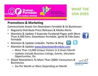 WHAT THE 
                                                  DDA DOES
                                                  DDA DOES

Promotions & Marketing
Promotions & Marketing
Communicate Assets For Downtown Ferndale & Its Businesses
• Regularly Distribute Press Releases & Media Alerts
• M i t i &U d t 3S
  Maintain & Update 3 Separate Facebook P
                               t F b k Pages with More 
                                                     ith M
  Than 4,300 Fans: Downtown Ferndale, Ignite & Fido Does 
  Ferndale
• Maintain & Update LinkedIn Twitter & Blog
  Maintain & Update LinkedIn, Twitter & Blog
• Maintain & Update www.downtownferndale.com
   – More Than 13,000 Unique Visitors In A Given Month  
   – Updates Include Business Listings, Events, Volunteer 
     Opportunities, Etc
• Eblast Newsletters To More Than 2000+ Consumers & 
  Businesses
  B i
   – 2xs Per Month or More Depending on Month
 