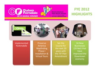 FYE 2012 
                                                 HIGHLIGHTS




Implemented 
Implemented       Preserve 
                  Preserve         Set the 
                                   Set the           34 New 
                                                     34 New
 Parkmobile       America         Course for       Businesses 
                Wayfinding       the next 20      (20 Net) that 
                   Phase I        years with          have 
               Installation & 
               I t ll ti &       the TIF Plan 
                                 th TIF Pl       improved the 
                                                 i        d th
                Virtual Tours    Amendment         Downtown 
                                                    economy
 