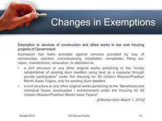 Exemption to services of construction and allied works in low cost housing
projects of Government
Exemption has been provided against services provided by way of
construction, erection, commissioning, installation, completion, fitting out,
repair, maintenance, renovation, or alteration of,
• a civil structure or any other original works pertaining to the “In-situ
rehabilitation of existing slum dwellers using land as a resource through
private participation” under the Housing for All (Urban) Mission/Pradhan
Mantri Awas Yojana, only for existing slum dwellers
• a civil structure or any other original works pertaining to the “Beneficiary-led
individual house construction / enhancement under the Housing for All
(Urban) Mission/Pradhan Mantri Awas Yojana”
[effective from March 1, 2016]
Changes in Exemptions
Budget 2016 CA Gaurav Gupta 21
 