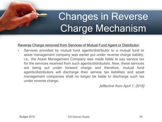 Changes in Reverse
Charge Mechanism
Reverse Charge removed from Services of Mutual Fund Agent or Distributor:
• Services provided by mutual fund agents/distributor to a mutual fund or
asset management company was earlier put under reverse charge liability,
i.e., the Asset Management Company was made liable to pay service tax
for the services received from such agents/distributors. Now, these services
are being put under forward charge and therefore, mutual fund
agents/distributors will discharge their service tax liabilities and asset
management companies shall no longer be liable to discharge such tax
under reverse charge.
[effective from April 1, 2016]
Budget 2016 CA Gaurav Gupta 34
 