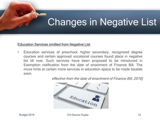 Changes in Negative List
Education Services omitted from Negative List
• Education services of preschool, higher secondary, recognized degree
courses and certain approved vocational courses found place in negative
list till now. Such services have been proposed to be introduced in
Exemption notification from the date of enactment of Finance Bill. The
move hints at certain more services in education space to be made taxable
soon.
effective from the date of enactment of Finance Bill, 2016]
Budget 2016 CA Gaurav Gupta 12
 