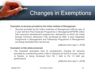 Exemption to services provided by the Indian Institute of Management
• Services provided by the Indian Institutes of Management (IIM) by way of
2 year full time Post Graduate Programme in Management(PGPM) (other
than executive development programme), admissions to which are made
through Common Admission Test conducted by IIMs, 5 year Integrated
Programme in Management and Fellowship Programme in Management
are being exempted from service tax.
[effective from April 1, 2016]
Exemption to folk artists enhanced
• The threshold exemption limit of consideration charged for services
provided by a performing artist in folk or classical art forms of music, dance
or theatre, is being increased from Rs 1 lakh to Rs 1.5 lakh per
performance.
[effective from April 1, 2016]
Changes in Exemptions
Budget 2016 CA Gaurav Gupta 19
 