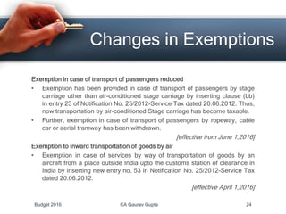 Exemption in case of transport of passengers reduced
• Exemption has been provided in case of transport of passengers by stage
carriage other than air-conditioned stage carriage by inserting clause (bb)
in entry 23 of Notification No. 25/2012-Service Tax dated 20.06.2012. Thus,
now transportation by air-conditioned Stage carriage has become taxable.
• Further, exemption in case of transport of passengers by ropeway, cable
car or aerial tramway has been withdrawn.
[effective from June 1,2016]
Exemption to inward transportation of goods by air
• Exemption in case of services by way of transportation of goods by an
aircraft from a place outside India upto the customs station of clearance in
India by inserting new entry no. 53 in Notification No. 25/2012-Service Tax
dated 20.06.2012.
[effective April 1,2016]
Changes in Exemptions
Budget 2016 CA Gaurav Gupta 24
 