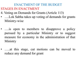 ENACTMENT OF THE BUDGET
STAGES IN ENACTMENT
4. Voting on Demands for Grants (Article 113)
• ….Lok Sabha takes up voting of demands for grants
Ministry-wise
• ….is open to members to disapprove a policy
pursued by a particular Ministry or to suggest
measure for economy in the administration of that
Ministry
• …..at this stage, cut motions can be moved to
reduce any demand for grant
 