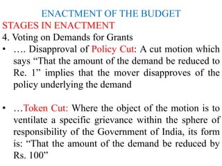 ENACTMENT OF THE BUDGET
STAGES IN ENACTMENT
4. Voting on Demands for Grants
• …. Disapproval of Policy Cut: A cut motion which
says “That the amount of the demand be reduced to
Re. 1” implies that the mover disapproves of the
policy underlying the demand
• …Token Cut: Where the object of the motion is to
ventilate a specific grievance within the sphere of
responsibility of the Government of India, its form
is: “That the amount of the demand be reduced by
Rs. 100”
 