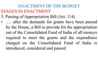 ENACTMENT OF THE BUDGET
STAGES IN ENACTMENT
5. Passing of Appropriation Bill (Art. 114)
• …. after the demands for grants have been passed
by the House, a Bill to provide for the appropriation
out of the Consolidated Fund of India of all moneys
required to meet the grants and the expenditure
charged on the Consolidated Fund of India is
introduced, considered and passed
 