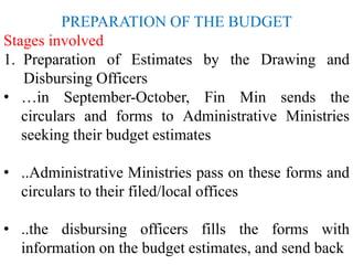PREPARATION OF THE BUDGET
Stages involved
1. Preparation of Estimates by the Drawing and
Disbursing Officers
• …in September-October, Fin Min sends the
circulars and forms to Administrative Ministries
seeking their budget estimates
• ..Administrative Ministries pass on these forms and
circulars to their filed/local offices
• ..the disbursing officers fills the forms with
information on the budget estimates, and send back
 
