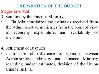 PREPARATION OF THE BUDGET
Stages involved
3. Scrutiny by the Finance Ministry
• …Fin Min scrutinizes the estimates received from
the Administrative ministries from the point of view
of economy expenditure, and availability of
revenues
4. Settlement of Disputes
• ….in case of difference of opinion between
Administrative Ministry and Finance Ministry
regarding budget estimates, decision of the Union
Cabinet is final
 