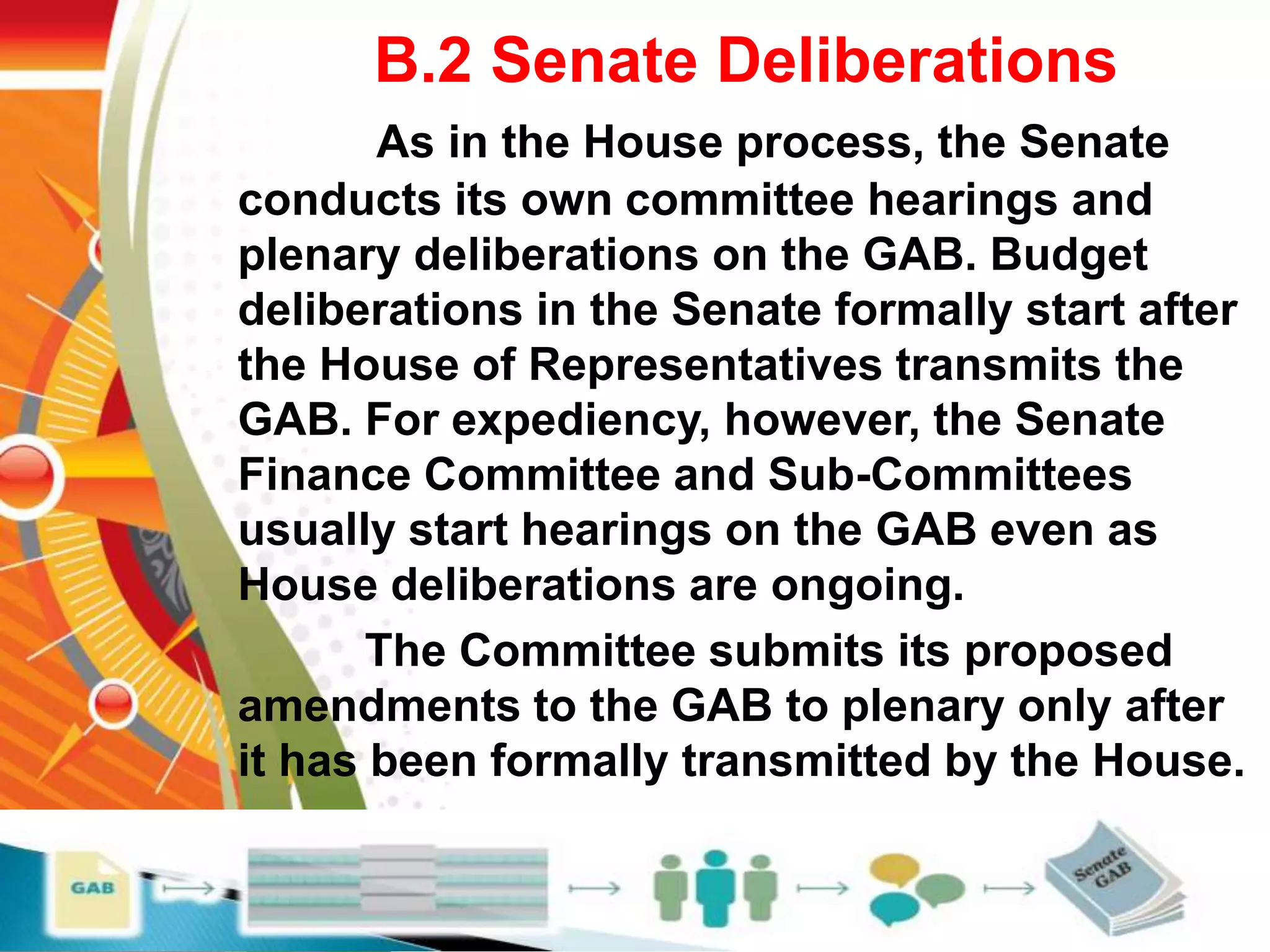 B.2 Senate Deliberations
As in the House process, the Senate
conducts its own committee hearings and
plenary deliberations on the GAB. Budget
deliberations in the Senate formally start after
the House of Representatives transmits the
GAB. For expediency, however, the Senate
Finance Committee and Sub-Committees
usually start hearings on the GAB even as
House deliberations are ongoing.
The Committee submits its proposed
amendments to the GAB to plenary only after
it has been formally transmitted by the House.
 