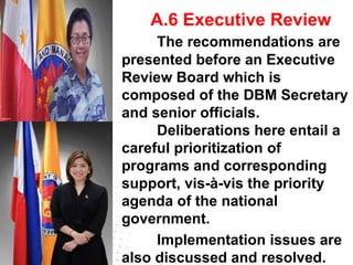 A.6 Executive Review
The recommendations are
presented before an Executive
Review Board which is
composed of the DBM Secretary
and senior officials.
Deliberations here entail a
careful prioritization of
programs and corresponding
support, vis-à-vis the priority
agenda of the national
government.
Implementation issues are
also discussed and resolved.
 