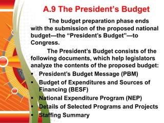 A.9 The President’s Budget
The budget preparation phase ends
with the submission of the proposed national
budget—the “President’s Budget”—to
Congress.
The President’s Budget consists of the
following documents, which help legislators
analyze the contents of the proposed budget:
 President’s Budget Message (PBM)
 Budget of Expenditures and Sources of
Financing (BESF)
 National Expenditure Program (NEP)
 Details of Selected Programs and Projects
 Staffing Summary
 
